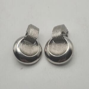 Vintage Silver Tone Clip On Earrings Brushed Modernist Geometric Statement Pair